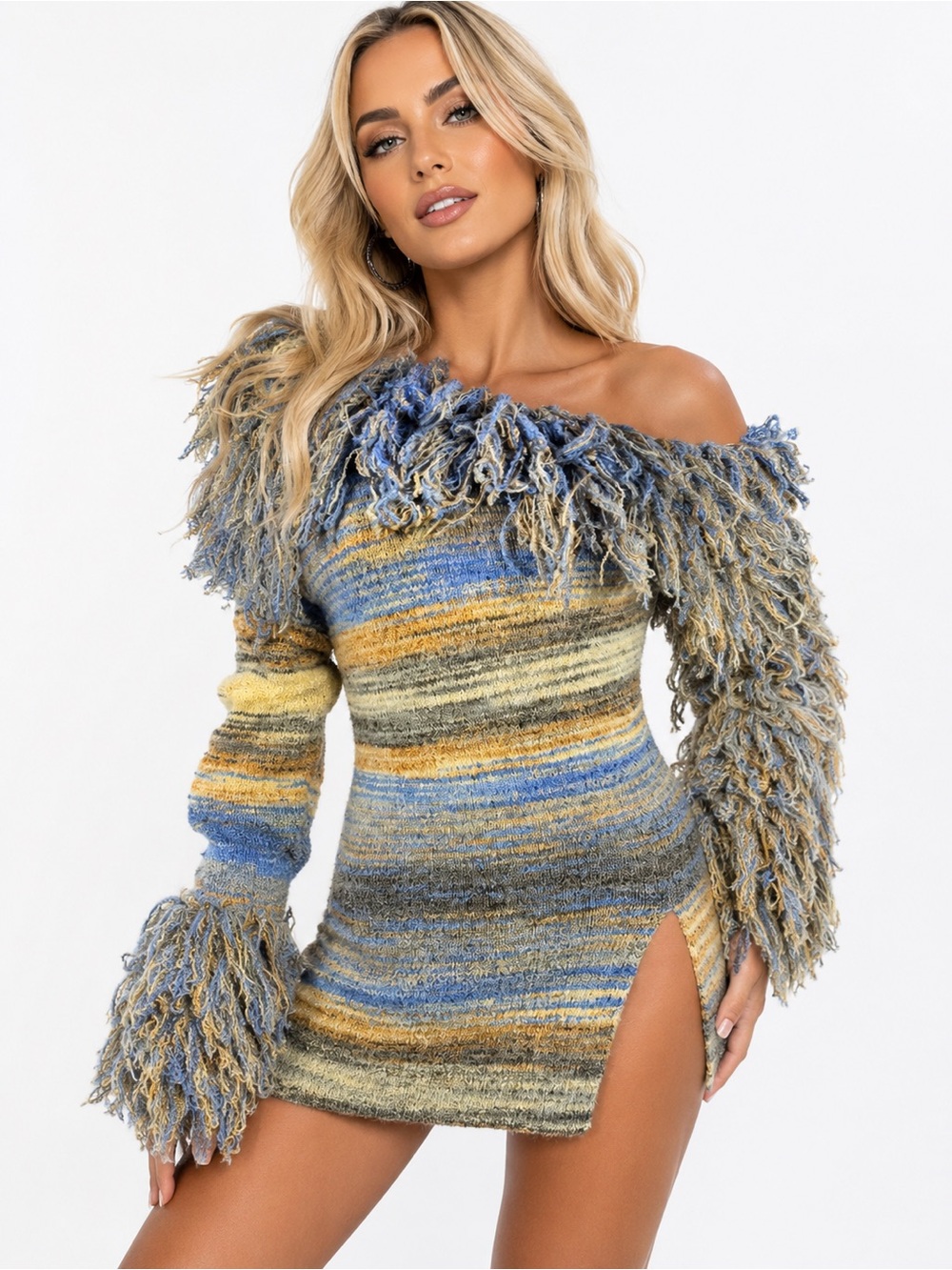 AKIRA Blue Multi Fringe Off Shoulder Knit Sweater Dress Top S NWT